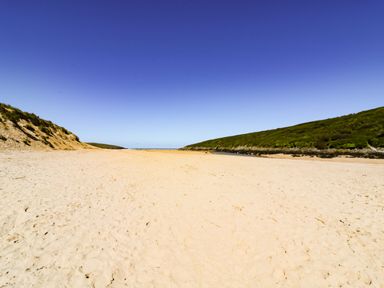 A sandy beach with hills covered in vegetation on both sides under a clear sky at Garden View in Quintrell Downs near Newquay