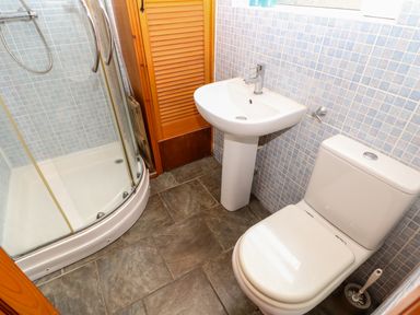 A bathroom with a shower cubicle sink and toilet at Hunter Cottage in Haltwhistle near Hadrian's Wall