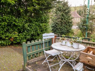 An outdoor patio area with a white table and chair three potted plants on the table a green wooden fence and dense greenery in the background Hunter Cottage Haltwhistle near Hadrians Wall
