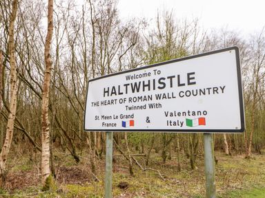 A roadside sign welcoming to Haltwhistle near trees in a wooded area