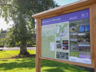 An outdoor information board with maps and photos on a wooden stand with grass and a tree in the background at The Forge in Allendale