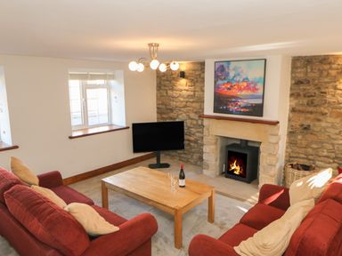 A living room with two red sofas a wooden coffee table a television a fireplace with a fire and a framed painting above at The Forge in Allendale