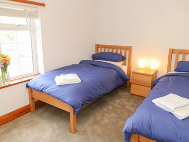 A bedroom with two single beds blue bedding nightstand with lamps and a window with flowers on the sill at The Forge in Allendale