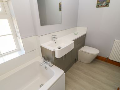A bathroom with a bathtub sink toilet and a mirror at The Forge in Allendale
