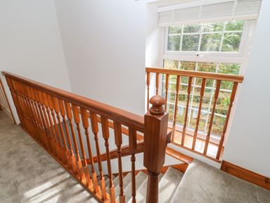 A wooden staircase railing next to a window with greenery outside at The Forge in Allendale