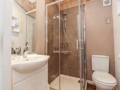 A bathroom with a sink a glass shower enclosure and a toilet at Doormouse Lodge South Lakeland Leisure Village