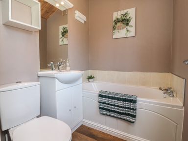 A bathroom with a toilet sink vanity bathtub towel and plant at Doormouse Lodge South Lakeland Leisure Village