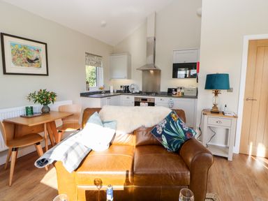 A kitchen and dining area with a brown leather sofa in the foreground a wooden table with chairs and a side table with a lamp at Rising Sun in Kirkbymoorside