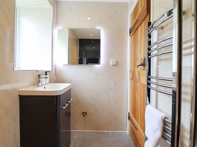 A bathroom with a sink, mirror, and door at Bwthyn Y Bugail (Shepherd's Cottage) Pedairffordd near Llanrhaeadr-Ym-Mochnant