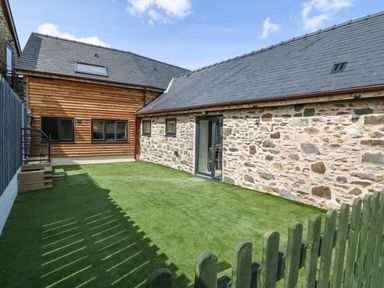 An outdoor fenced yard with artificial grass between two buildings one with wood siding and one with stone walls at Y Granar Llanrhaeadr-Ym-Mochnant