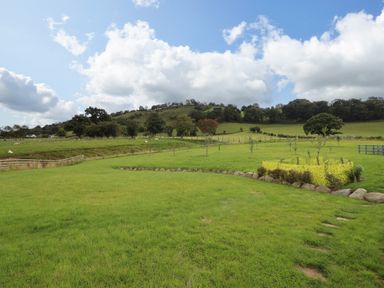 A grassy field with small trees and a stone border under a cloudy sky at Y Granar Llanrhaeadr-Ym-Mochnant