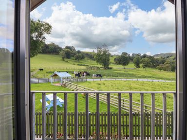 A view of a fenced grassy field with cows a picnic table and a small shelter seen through a window at Y Stabl The Stable in Llanrhaeadr-Ym-Mochnant