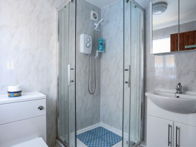 A bathroom with a shower enclosure toilet sink and mirrored cabinet at Ffrwd in Rhosneigr