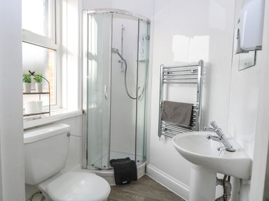 A bathroom with a toilet, glass shower enclosure, sink, towel rack with a towel and window with small plants at Sunnymeade in Buxton Norfolk