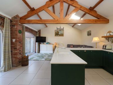 A kitchen with green cabinets and a white countertop island with a gold faucet in an open living space with a gray sofa and a television on a white cabinet at Plough Cottage in Little Kelk near Bridlington