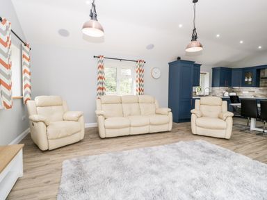 A living room with cream sofas, patterned curtains, a gray shag rug, and blue kitchen cabinets at Strawberry Stables in Iwood near Congresbury