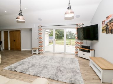 A living area with a large gray rug on wooden flooring a wall-mounted television and glass sliding doors with patterned curtains at Strawberry Stables Iwood near Congresbury