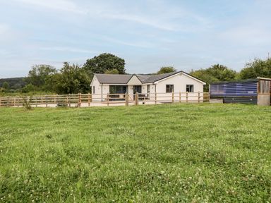 A single story house with a fenced yard and grassy field at Strawberry Stables in Iwood near Congresbury