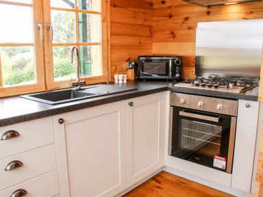 A kitchen with a sink under a window a microwave oven on the counter and a gas stove with oven at Callow Fold in Dinchope near Craven Arms