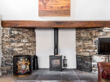 A stone fireplace with a wood stove and fire tools in a living room at Grubbings in Graythwaite near Hawkshead