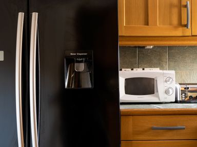 A kitchen countertop with a white microwave and a black refrigerator with water dispenser at Grubbings Graythwaite near Hawkshead