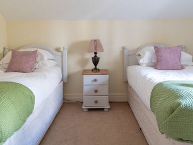 A bedroom with two single beds green throws and pink pillows with a nightstand and lamp between at Bull Pen Graythwaite near Hawkshead