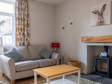 A living room with a gray sofa and blue patterned cushions a wooden coffee table a fireplace with a wood stove and a painting of a hare above it at Briar in Graythwaite near Hawkshead