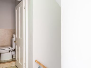 A bathroom with a toilet partially visible behind a white door and a wooden handrail on a white wall