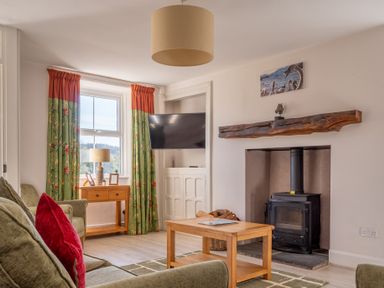 A living room with green couches a wooden coffee table a wood burning stove and a television at Eel House Cottage Graythwaite Estate near Hawkshead