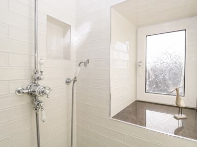 A shower area with a handheld showerhead and controls and a decorative window ledge with a bird figurine at Pottergill in Windermere