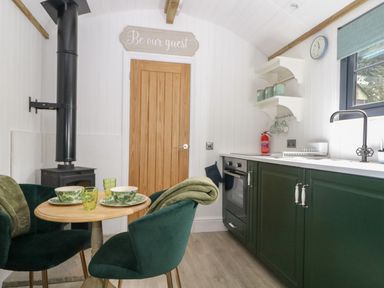 A kitchen and dining area with green chairs wooden table green cabinets and a wood stove at High Rigg Shepherd's Hideaway in Brampton Cumbria