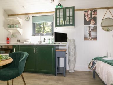 A kitchen area with green cabinets a window with a shade a sink and appliances next to a dining table and a bed at High Rigg Shepherd's Hideaway in Brampton Cumbria