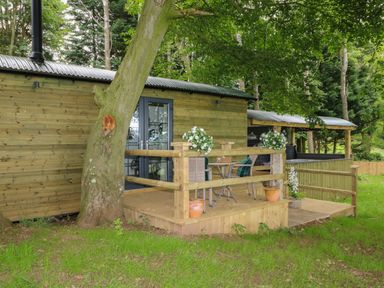 A wooden cabin with a small deck and outdoor seating surrounded by trees at High Rigg Shepherd's Hideaway in Brampton Cumbria