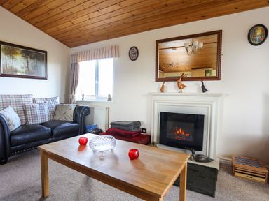 A living room with a black leather sofa a wooden coffee table a fireplace and a window at Ffrwd Lodge in Rhosneigr