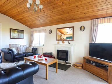 A living room with leather sofas wooden coffee table fireplace and television at Ffrwd Lodge in Rhosneigr