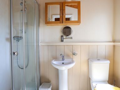 A bathroom with a shower enclosure a pedestal sink a toilet and a wooden mirrored cabinet above the sink at Ffrwd Lodge in Rhosneigr