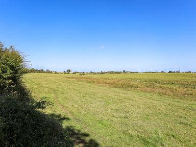 A grassy open field with some shrubs on the left under a blue sky at Ffrwd Lodge in Rhosneigr