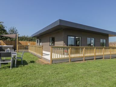 A modern single-story house with wooden siding a wooden deck a fenced yard with outdoor furniture and grass at Bluebell Wood in Brandesburton