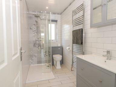 A bathroom with a shower enclosure toilet vanity sink and heated towel rail at Bluebell Wood in Brandesburton