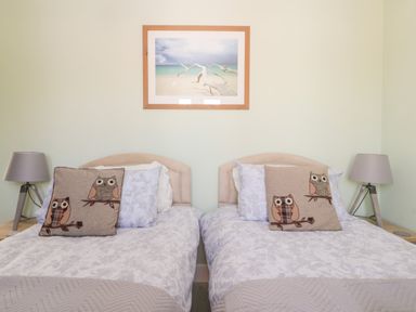A bedroom with two single beds each with owl pillows two bedside tables with lamps and a framed beach picture on the wall at Bluebell Wood Brandesburton