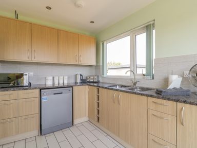 A kitchen with wooden cabinets a dishwasher a kettle toaster microwave and a double sink at Bluebell Wood in Brandesburton
