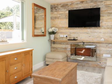 A living room with a wooden TV wall a mounted flat screen TV a wooden cabinet a wooden coffee table a beige ottoman a mirror and a window at Bluebell Wood in Brandesburton