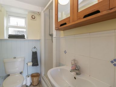 A bathroom with a toilet sink and shower at Athelstan Cottage Chloe Mead near Stroud