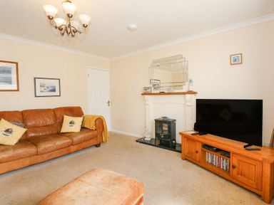 A living room with a leather sofa cushions a wood stove and a television on a wooden stand at Glanaig Morfa Bychan
