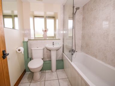 A bathroom with a toilet sink bathtub and shower at Norton Cottage in Craven Arms