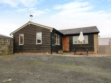 A small dark wooden cottage with a wooden door and windows a picnic table with a closed umbrella outside the cottage at Norton Cottage in Craven Arms