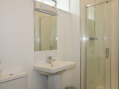 A bathroom with a toilet sink mirror and shower enclosure at The Corn Store in St Stephen