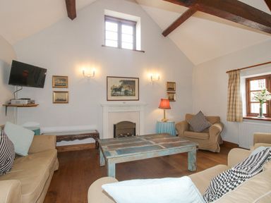 A living room with sofas a wooden coffee table a fireplace and a wall-mounted TV at The Onibury Craven Arms