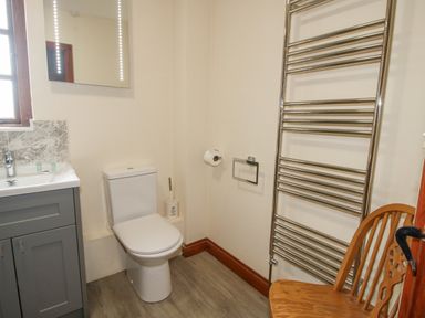 A bathroom with a toilet sink vanity mirror heated towel rail and a wooden chair at The Onibury in Craven Arms