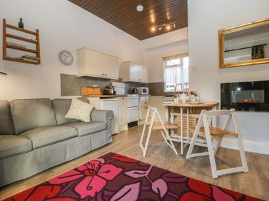 A living area with a grey sofa green cushion a small dining table with two chairs kitchen cabinets appliances and a wall-mounted electric fireplace at Stable Cottage in Triscombe